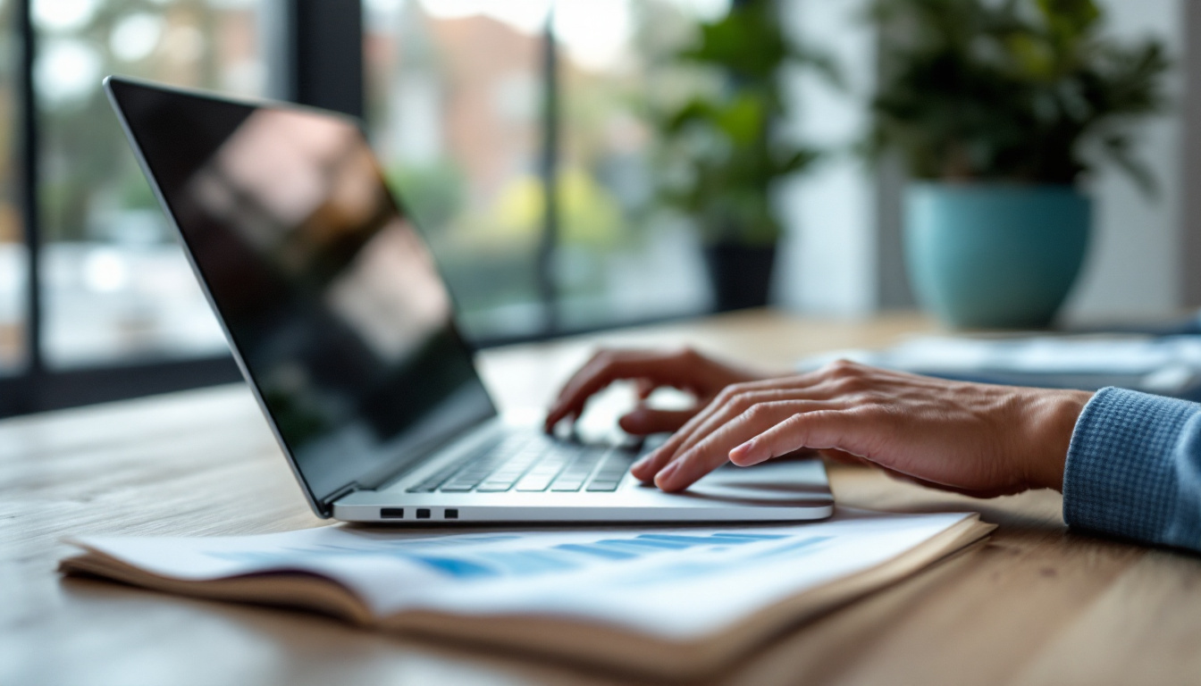 Person typing on a laptop next to a printed performance chart on a desk, viewed from behind in a bright office.