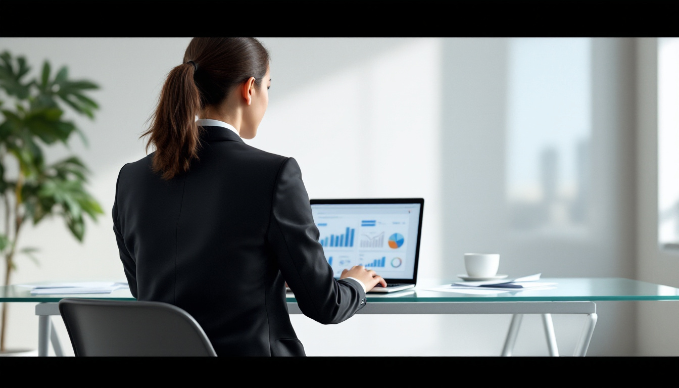 Person viewed from behind reviewing campaign performance charts on a laptop in a bright agency workspace
